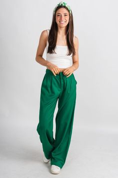 Find stylish, affordable pants at Lush Fashion Lounge! Wide leg pants from Lush fashion Lounge women's boutique in Oklahoma City. Lush boutique in OKC has a variety of cute pants and more! Don't get pinched in these trendy wide leg pants on St. Patrick's Day! The perfect easy to wear pants for St. Paddy's Day. Model is Pants Green, Cute Pants, Paddys Day, Women's Boutique, Oklahoma City, Ladies Boutique, Oklahoma, Leg Pants, Wide Leg Pants