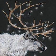 a painting of a deer with antlers on it's head and balls in the background