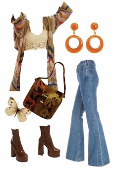 Hippy 70s Fashion, 60s 70s Outfits Vintage Fashion, 79s Inspired Outfits, Cute 70s Outfits Hippie, 70s Inspired Accessories, Gogo Outfit 70s, 70s Outfits School, 70s Outfit Board, 70s Fashion Accessories