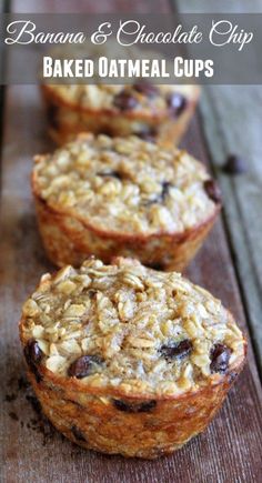 banana and chocolate chip baked oatmeal cups on a wooden table with text overlay