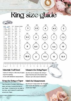 the wedding ring size guide is displayed on a table with flowers and other things around it