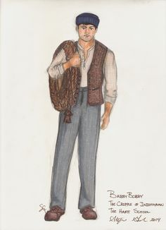 a drawing of a man wearing a hat and vest with his hands in his pockets