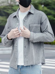 Men Pocket Patched Denim Shirt Black and White Casual  Long Sleeve Denim Plain Shirt Non-Stretch  Men Clothing, size features are:Bust: ,Length: ,Sleeve Length: Camisa Jeans, Denim Shirt Men, Plain Shirt, Denim Patches, Plain Shirts, White Casual, Men Clothing, Mens Denim, Denim Top