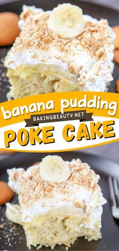 banana pudding poke cake on a black plate