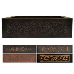 four different types of decorative boxes with carvings on the front and sides, all in various colors