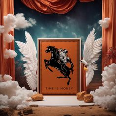 there is an image of a horse with wings in the sky and clouds behind it