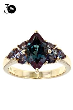 1.75ctw Marquise And 0.82ctw Trillion Blue Lab Created Alexandrite 10K Yellow Gold Ring. Measures Approximately 0.59"L x 0.52"W. Finished Undergallery. Alexandrite Jewelry, Hair Jewels, Alexandrite Engagement Ring, Alexandrite Ring, Yellow Gold Ring, Ring Finger, 10k Gold, Yellow Gold Rings, Gold Ring