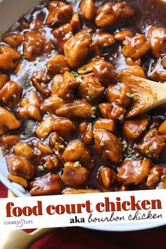 a close up of food in a pan with a wooden spoon on the side and text overlay that reads, food court chicken