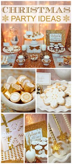 a collage of photos with gold and white decorations, cookies, and other items