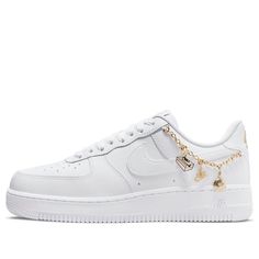 The Nike Wmns Air Force 1 '07 LX 'Lucky Charms' is engineered to provide a sophisticated and luxurious look. The upper is crafted from smooth white leather with matching overlays and iconic Swooshes for classic branding. For an additional touch of class, the collar feature a gold metallic chain adorned with Nike charms. And, at the heel you'll find matching gold Nike Air embroidery – the traditional finishing touch for this must-have shoe. With its timeless design, you’re sure to stay stylish in these shoes for season after season. Gold Nike, Classic Branding, White Air Forces, Nike Gold, Nike Air Force 1 07, Lucky Charms, Lucky Charm, Nike Air Force 1, Air Force 1