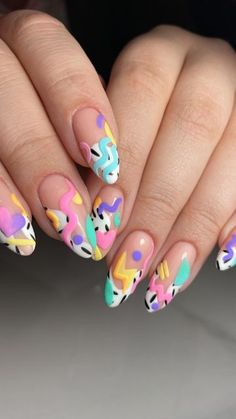 Trending Oval Nails, End If Summer Nails, 1980 Nails Design, Palm Spring Nails, Retro 80s Nail Designs, 80s Style Nails, Crazy Fun Nails, Retro Nail Ideas, Miami Vice Nails