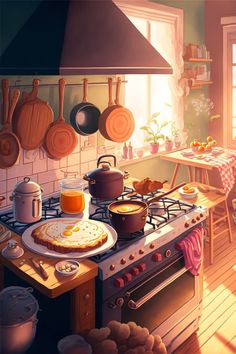 a painting of a kitchen scene with food on the stove