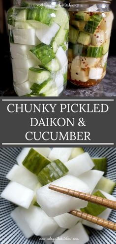 pickled daikon and cucumber in jars with chopsticks on the side