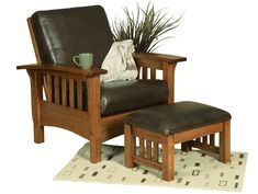 a wooden chair and ottoman with a plant in it