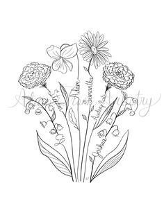 flowers are shown in this black and white drawing