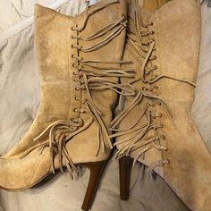 Early 2000’s Mossimo Fringe Mid-Calf Light Tan Heeled Boots. Tag Just Fell Off. Size 9. Never Worn Outside. Great Condition. Genuine Leather. Suede Lace-up Boots With Almond Toe For Spring, Spring High Heel Suede Lace-up Boots, Spring Lace-up Suede Boots, Spring Suede Lace-up Ankle Boots, Tan Heeled Boots, Shoes Vintage, Tan Heels, Leather Fringe, Light Tan