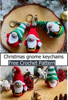 christmas gnome keychains with free crochet pattern and instructions to make them