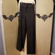 Grey Pinstripe Dress Pants Striped Wide Leg Formal Pants, Striped Wide Leg Pants For Formal Occasions, Formal Striped Wide Leg Pants, Formal Striped High Waist Bottoms, Elegant Fitted Striped Dress Pants, Striped Fitted Dress Pants For Formal Occasions, Elegant Striped Wide-leg Dress Pants, Elegant Striped Wide Leg Dress Pants, Vintage Striped Wide Leg Bottoms