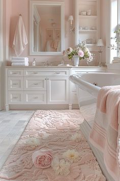 a bathroom with pink walls and white furniture