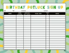 a birthday potluck sign up sheet