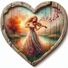 a heart shaped painting with a woman playing the violin