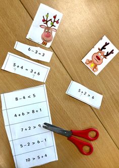 a pair of red scissors sitting on top of a table next to some cut outs