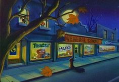 a painting of a store front at night with fall leaves on the tree and people walking down the sidewalk