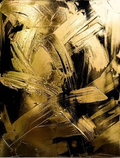 an abstract painting with gold and black colors