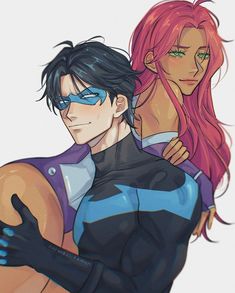 two anime characters one with pink hair and the other wearing blue glasses, are hugging