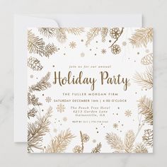 a holiday party card with gold foil and pine branches