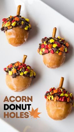 four donuts decorated with candy and sprinkles are on a white plate