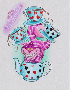 a drawing of a cartoon character with tea cups and saucers on top of each other