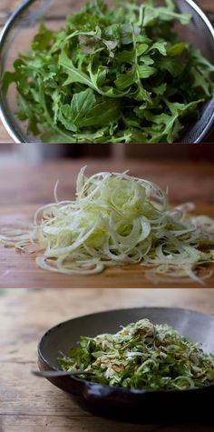 three different types of food in bowls on a wooden table with one being sprouted and the other being shredded