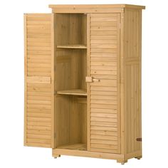 a wooden storage cabinet with shelves and doors