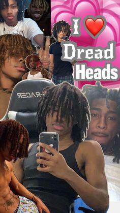 i love dread heads collage with images of men and women using cell phones in front of them