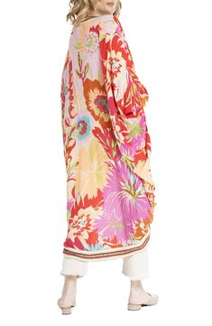 A bright, blooming print sweetens the look of this light and airy cocoon duster. Open front Three-quarter sleeves 100% rayon Hand wash, line dry Imported Casual Silk Spring Kimono, Casual Silk Kimono For Spring, Casual Silk Kimono For Summer, Summer Beach Kimono With 3/4 Sleeves, Spring Beach Kimono With 3/4 Sleeve, Spring Multicolor Floral Print Kimono, Spring Silk Kimono For Beachwear, Spring Beachwear Silk Kimono, Short Sleeve Multicolor Floral Kimono