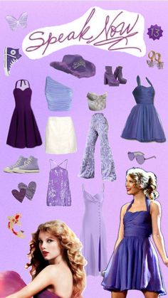 a collage of women's clothing and shoes with the words speak now written on them