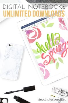 an ipad with the words hello spring written on it next to other items and accessories