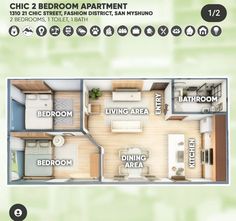 the floor plan for a two bedroom apartment with 2 bathrooms, 1 living areas and an in - room dining area