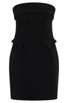 Classic, redefined.The ABBIE Strapless Suiting Mini Dress is a chic and sophisticated piece designed to make a statement. Featuring a straight neckline and strapless design, this dress exudes elegance and modernity. The double-breasted button design adds a touch of classic tailoring, while the centre back invisible zip ensures a seamless fit. Although the pockets are non-functional, they contribute to the dress's stylish aesthetic. Fully lined for comfort, the bodycon fit with a relaxed hem and Black Sleeveless Dress With Straight Neckline, Chic Sleeveless Dress With Straight Neckline For Party, Elegant Knee-length Strapless Dress For Date Night, Elegant Sleeveless Dress With Straight Neckline For Party, Elegant Fitted Strapless Sleeveless Dress, Elegant Sleeveless Mini Dress For Night Out, Elegant Bodycon Mini Strapless Dress, Chic Structured Mini Dress For Formal Occasions, Elegant Fitted Strapless Dress For Date Night