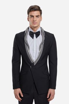 Designer Tuxedo Men Grooms, Pushed Back Hair, Black Straight Trousers, Tux Prom, Wing Collar Shirt, Reception Cocktail, Designer Tuxedo, Indian Wedding Clothes For Men