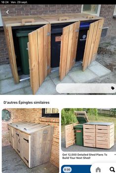 an image of some sort of outdoor furniture made out of wooden pallets and trash cans