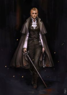 a drawing of a woman with two swords in her hand and wearing a long coat