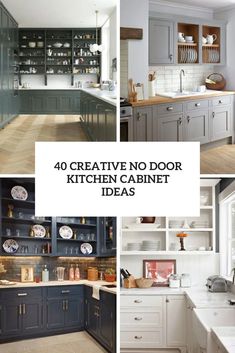 four different kitchen cabinets with the words creative no door kitchen cabinet ideas in white and blue