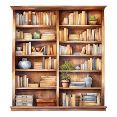 a painting of a bookshelf filled with lots of books next to a potted plant