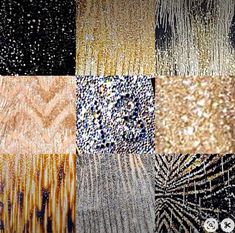 several different types of fabric with gold and black colors