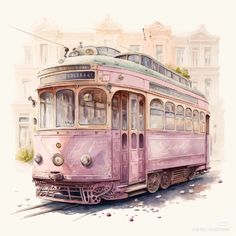 an old pink trolley car sitting on the tracks