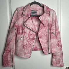 Bagatelle Pink Tie Dye Moto Denim Jean Jacket. 100% Cotton. Classic Moro Style - Wear Open Or Closed. Zip Pockets & Cuffs. Size Xs. Nwot. Casual White Biker Jacket For Spring, Spring Casual Biker Jacket With Zipper Closure, Spring Casual Biker Jacket With Zipper, Trendy Cotton Biker Jacket For Spring, Cotton Long Sleeve Biker Jacket For Spring, Trendy Pink Biker Jacket For Spring, Trendy Pink Spring Biker Jacket, Pink Tie, Pink Tie Dye