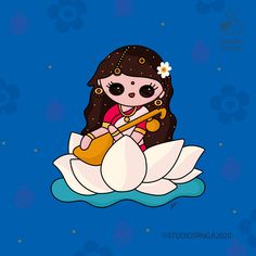 Saraswati Goddess Cute Cartoon, Saraswati Devi Drawing Easy, Saraswati Goddess Cute, Saraswati Puja Aesthetic, Saraswati Drawing For Kids, Saraswati Painting Easy, Saraswati Cartoon, Saraswati Goddess Paintings Easy, Saraswati Goddess Paintings Abstract