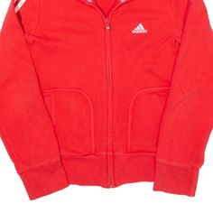 Item is in good used condition. >Size: UK 8 >Armpit To Armpit: 15" >Armpit To Cuff: 19" >Collar To Hem: 22" Casual Red Track Jacket For Sports Events, Casual Red Track Jacket For Sports Season, Red Sporty Track Jacket For Sports Season, Sporty Red Track Jacket For Athletic Season, Red Track Jacket With Ribbed Cuffs For Sports, Sporty University Red Sweatshirt For Sports, Sporty Red Sweatshirt For Sports, Red Sporty Winter Track Jacket, Adidas Red Track Jacket For Streetwear